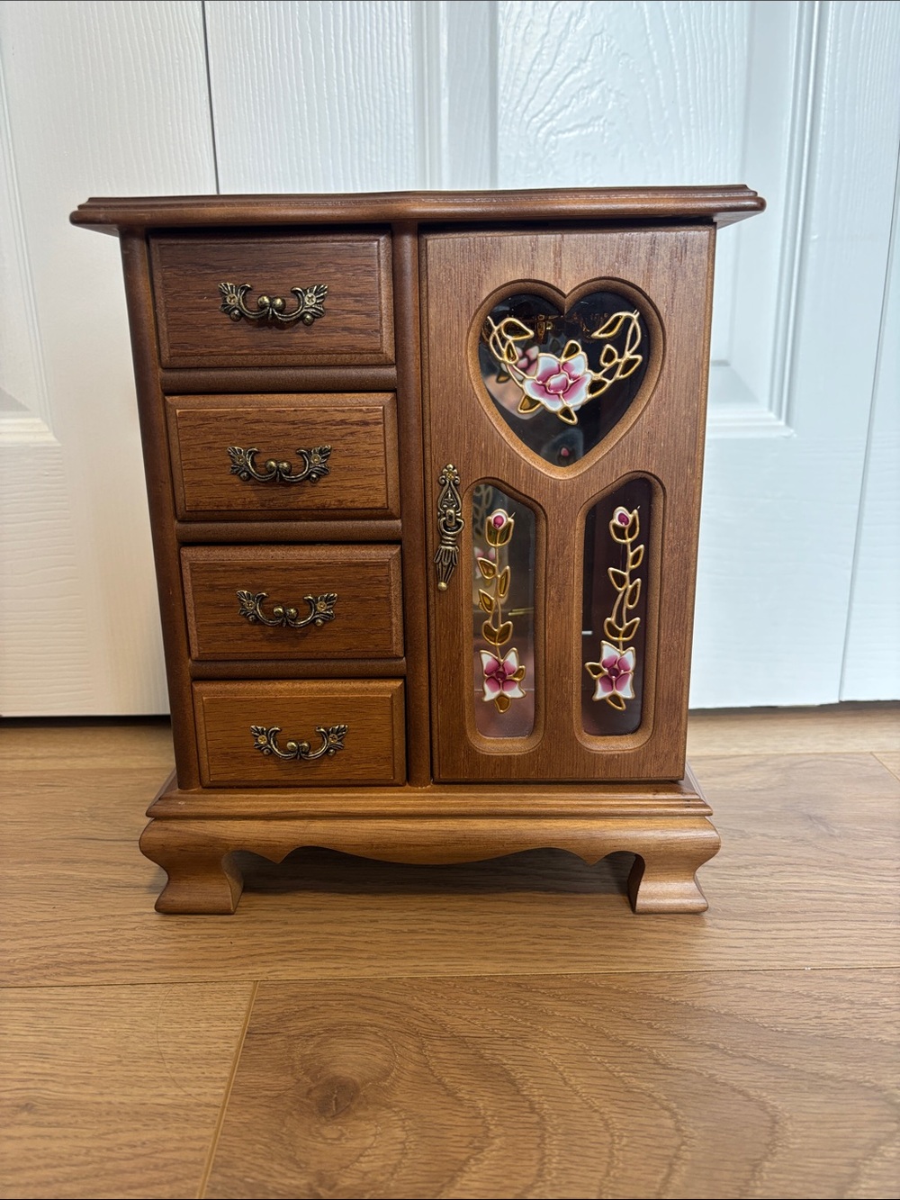Vintage Wooden Jewelry Chest / Jewelry Box with Stained Glass Door